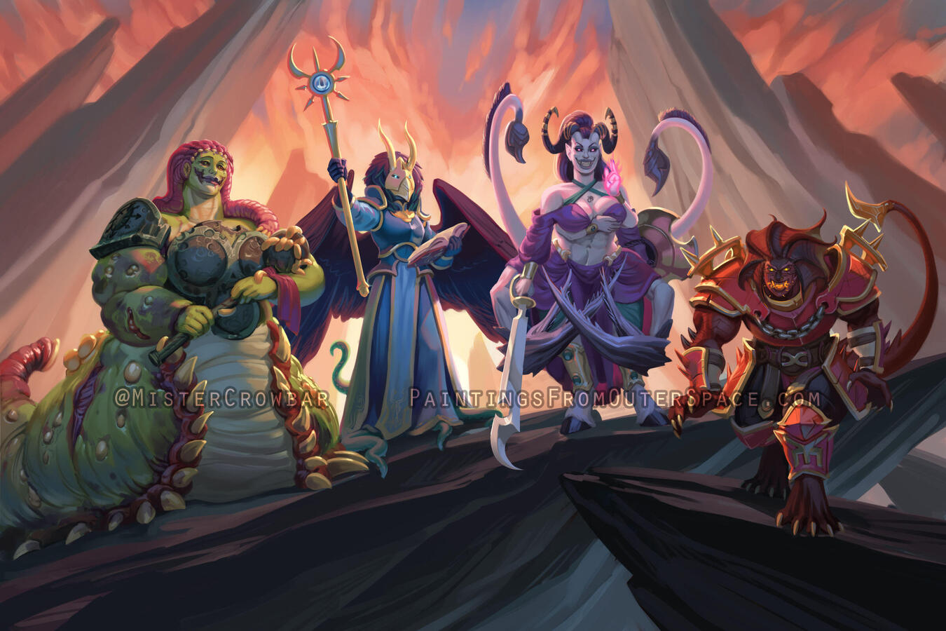 Four characters with complex anatomy, detailed armour, detailed background